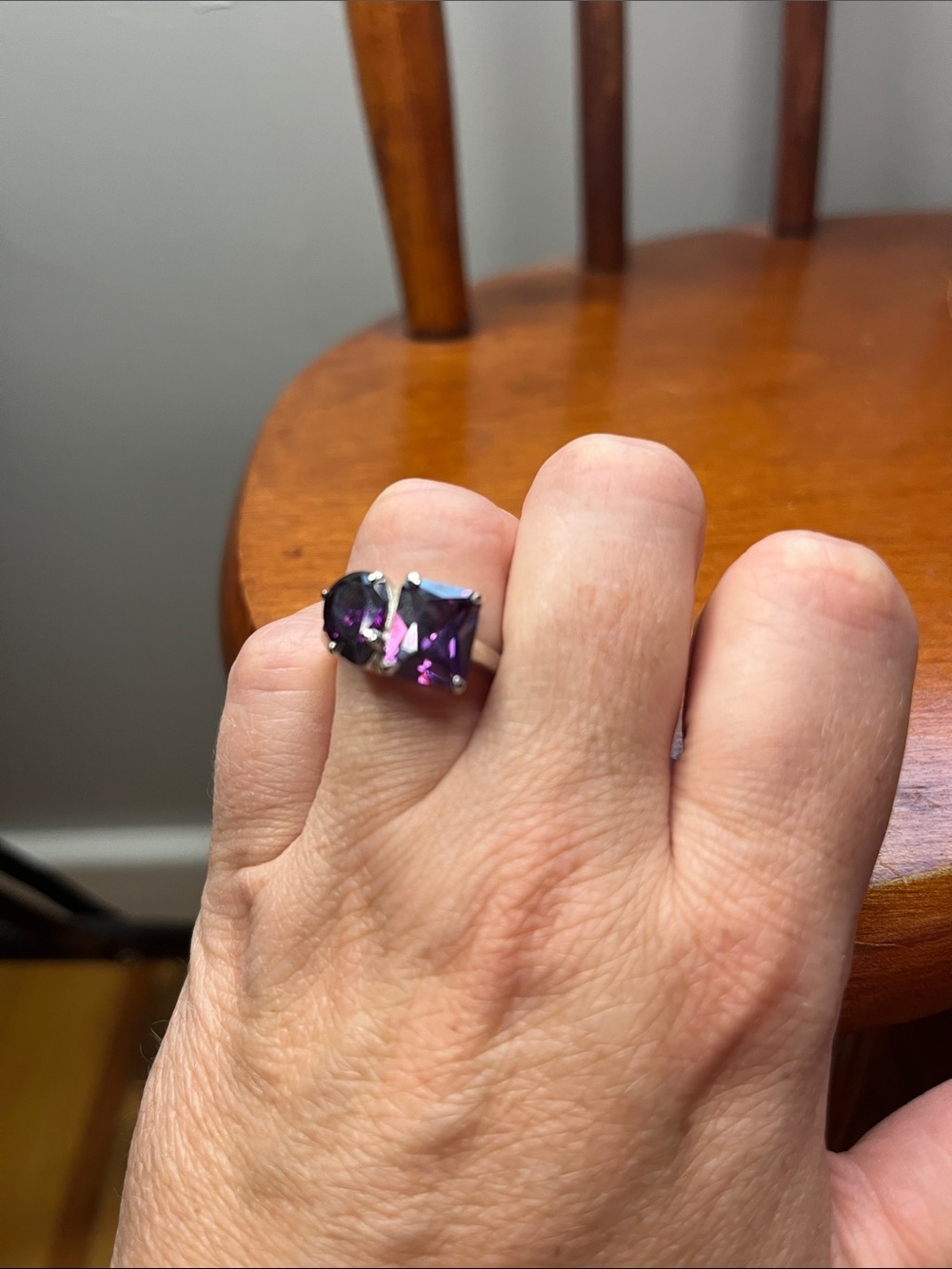 NWT BaubleBar Amethyst Two Stone Cocktail Ring Size 6 White Gold Tone